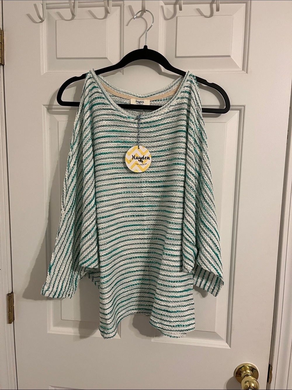 Hayden Striped Off-Shoulder Knit Sweater - White & Teal